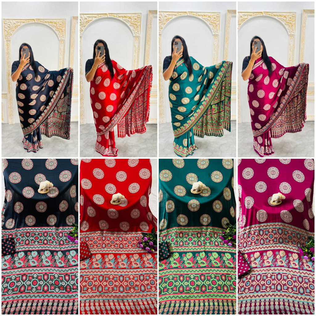 Super Hit Semi Gajji Silk Saree – Original Japan Satin Silk with Ajrakh Print Border & Rich Pallu