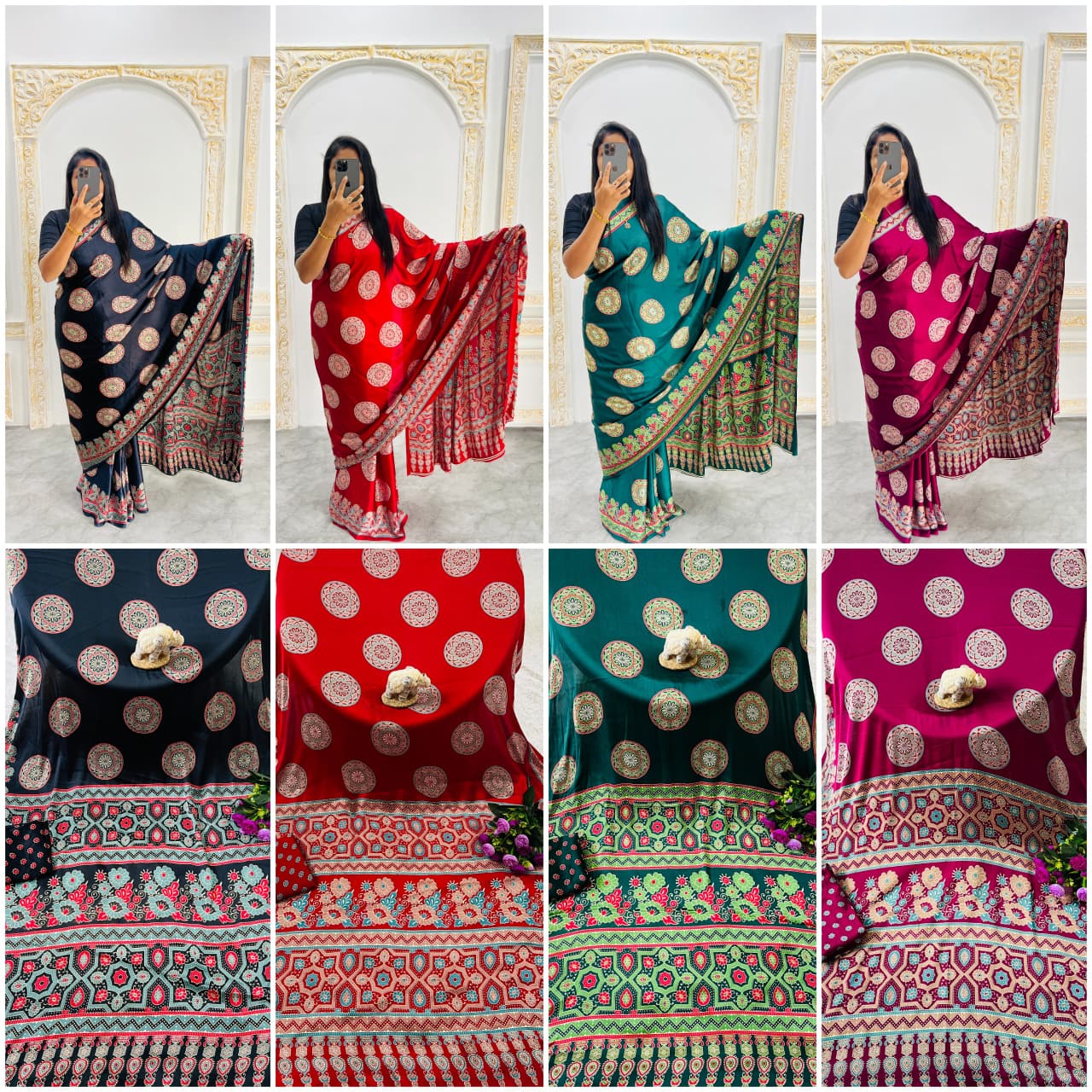 Super Hit Semi Gajji Silk Saree – Original Japan Satin Silk with Ajrakh Print Border & Rich Pallu