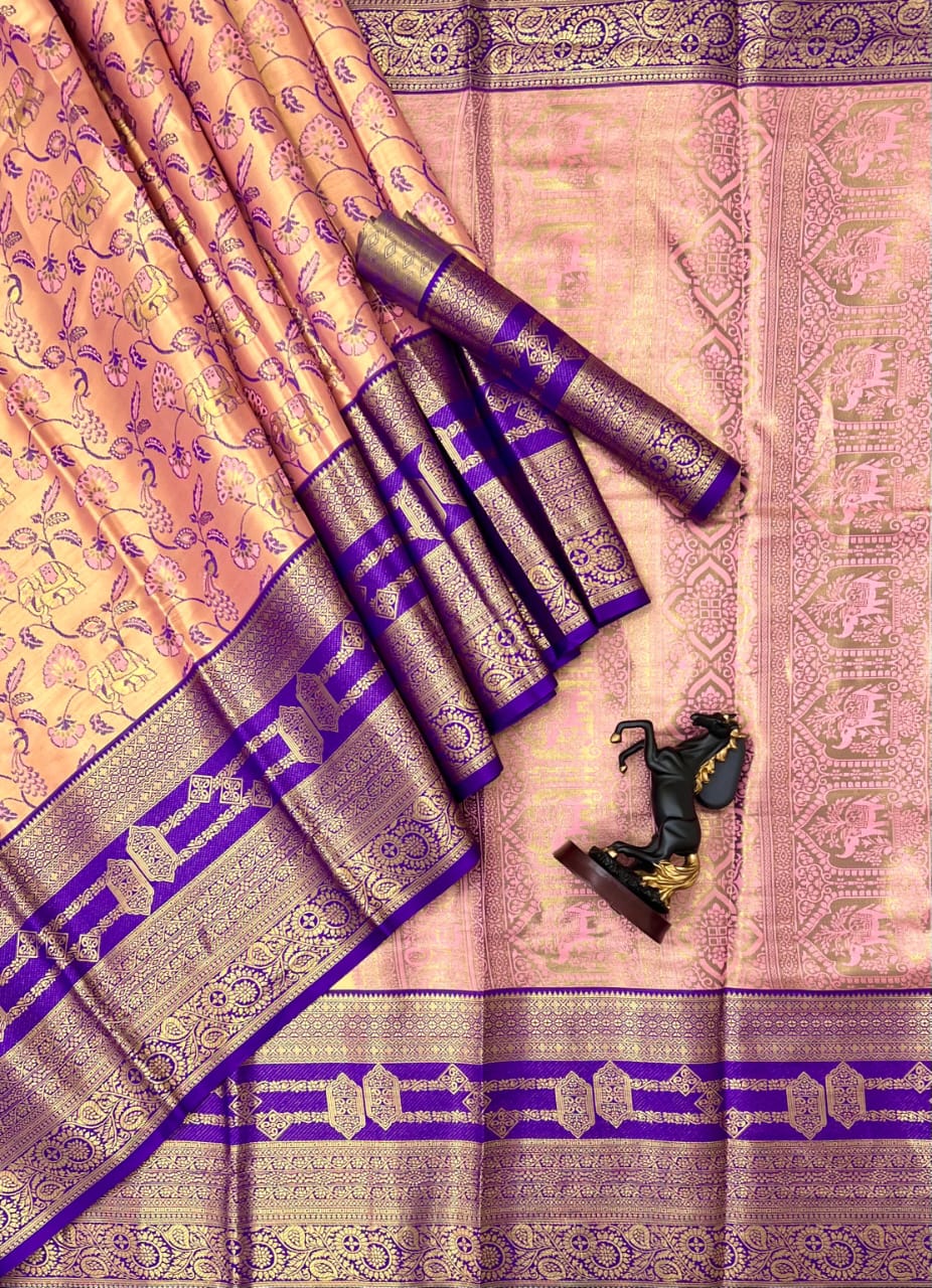 Bridal Kanjivaram Semi Pattu Saree with Contrast Zari Border & Rich Weaving Pallu – Grand Elegance for Wedding Displays & Boutique Gifting
