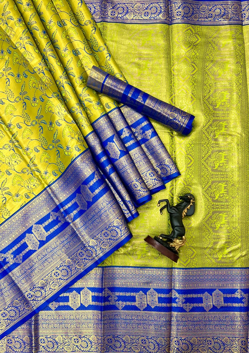 Bridal Kanjivaram Semi Pattu Saree with Contrast Zari Border & Rich Weaving Pallu – Grand Elegance for Wedding Displays & Boutique Gifting