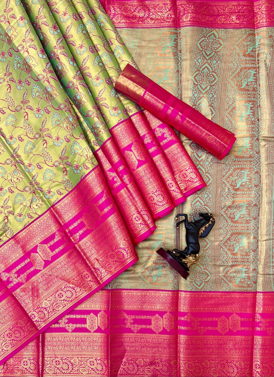 Bridal Kanjivaram Semi Pattu Saree with Contrast Zari Border & Rich Weaving Pallu – Grand Elegance for Wedding Displays & Boutique Gifting