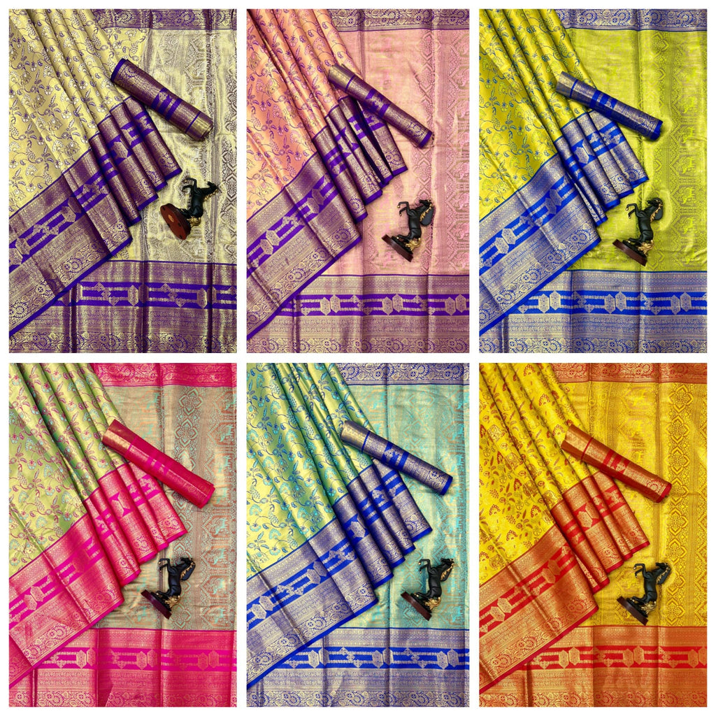 Bridal Kanjivaram Semi Pattu Saree with Contrast Zari Border & Rich Weaving Pallu – Grand Elegance for Wedding Displays & Boutique Gifting