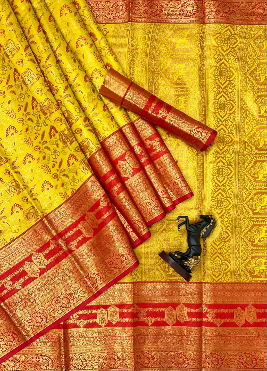Bridal Kanjivaram Semi Pattu Saree with Contrast Zari Border & Rich Weaving Pallu – Grand Elegance for Wedding Displays & Boutique Gifting