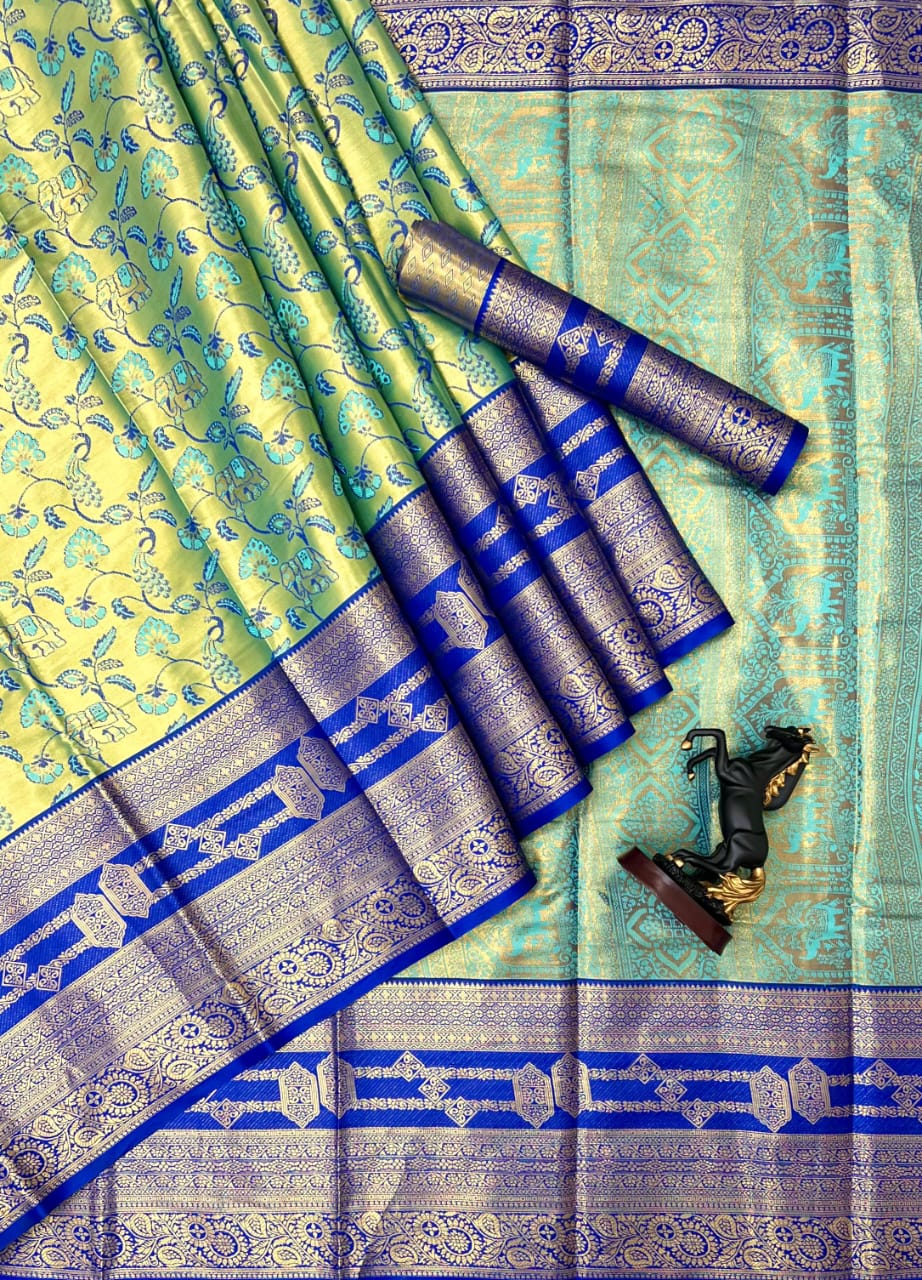 Bridal Kanjivaram Semi Pattu Saree with Contrast Zari Border & Rich Weaving Pallu – Grand Elegance for Wedding Displays & Boutique Gifting