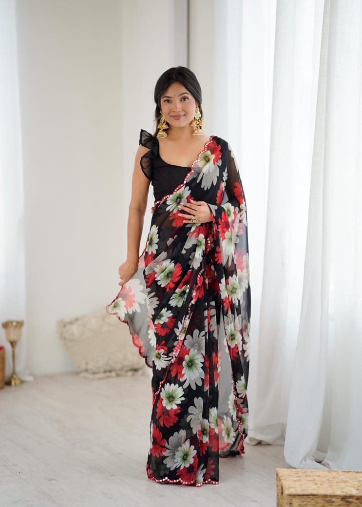 Soft Georgette Silk Saree with Mirror Work & Printed Banglori Blouse – Stylish Party Wear for Boutique Displays & Elegant Gifting