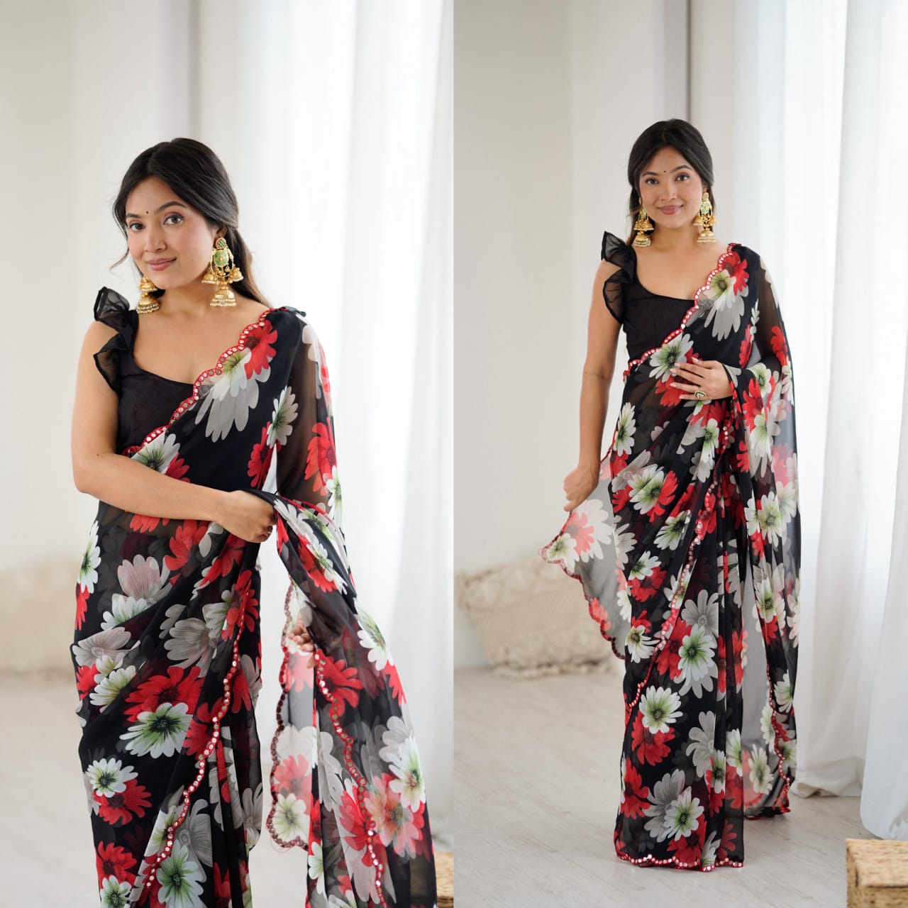 Soft Georgette Silk Saree with Mirror Work & Printed Banglori Blouse – Stylish Party Wear for Boutique Displays & Elegant Gifting