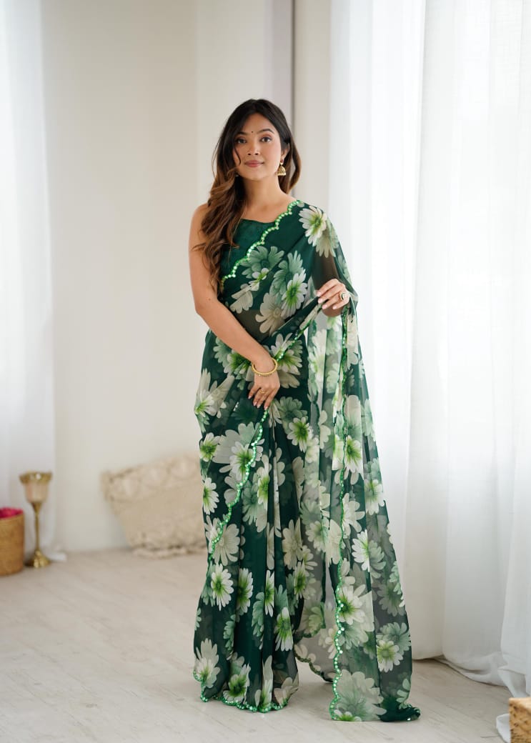 Soft Georgette Silk Saree with Mirror Work & Printed Banglori Blouse – Stylish Party Wear for Boutique Displays & Elegant Gifting