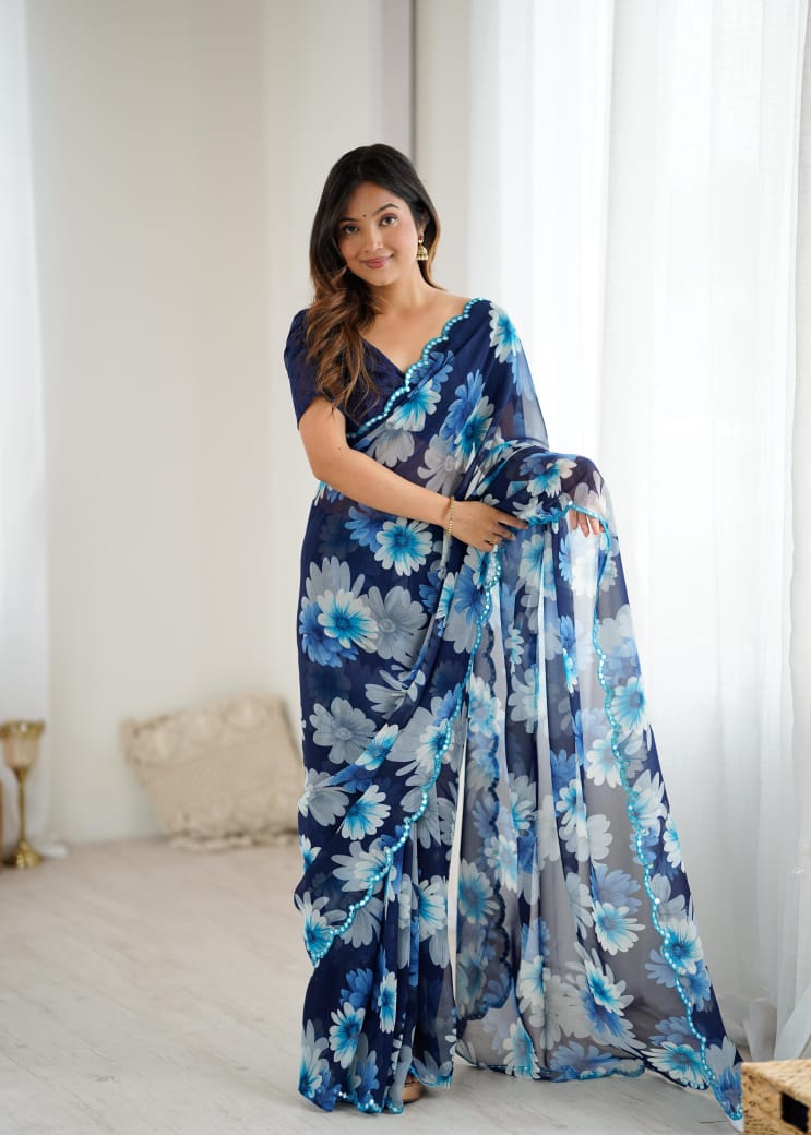 Soft Georgette Silk Saree with Mirror Work & Printed Banglori Blouse – Stylish Party Wear for Boutique Displays & Elegant Gifting