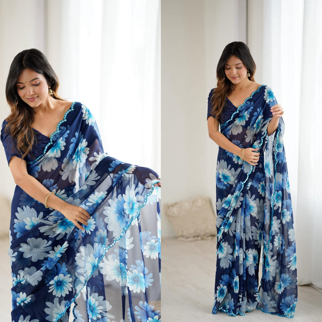 Soft Georgette Silk Saree with Mirror Work & Printed Banglori Blouse – Stylish Party Wear for Boutique Displays & Elegant Gifting