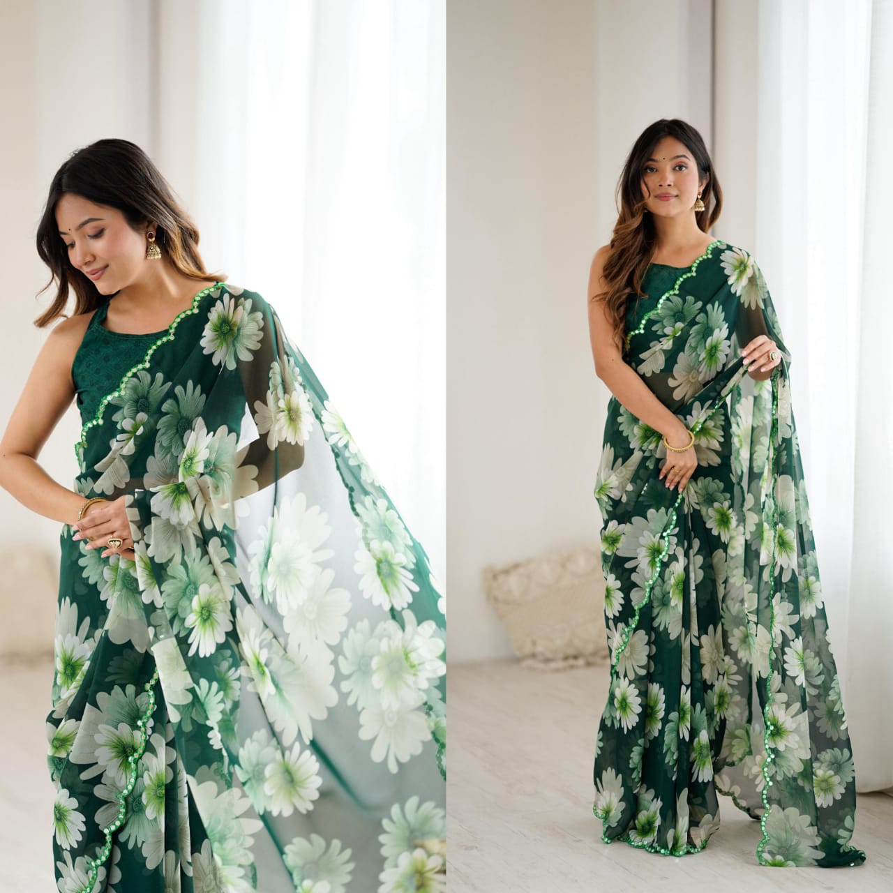 Soft Georgette Silk Saree with Mirror Work & Printed Banglori Blouse – Stylish Party Wear for Boutique Displays & Elegant Gifting