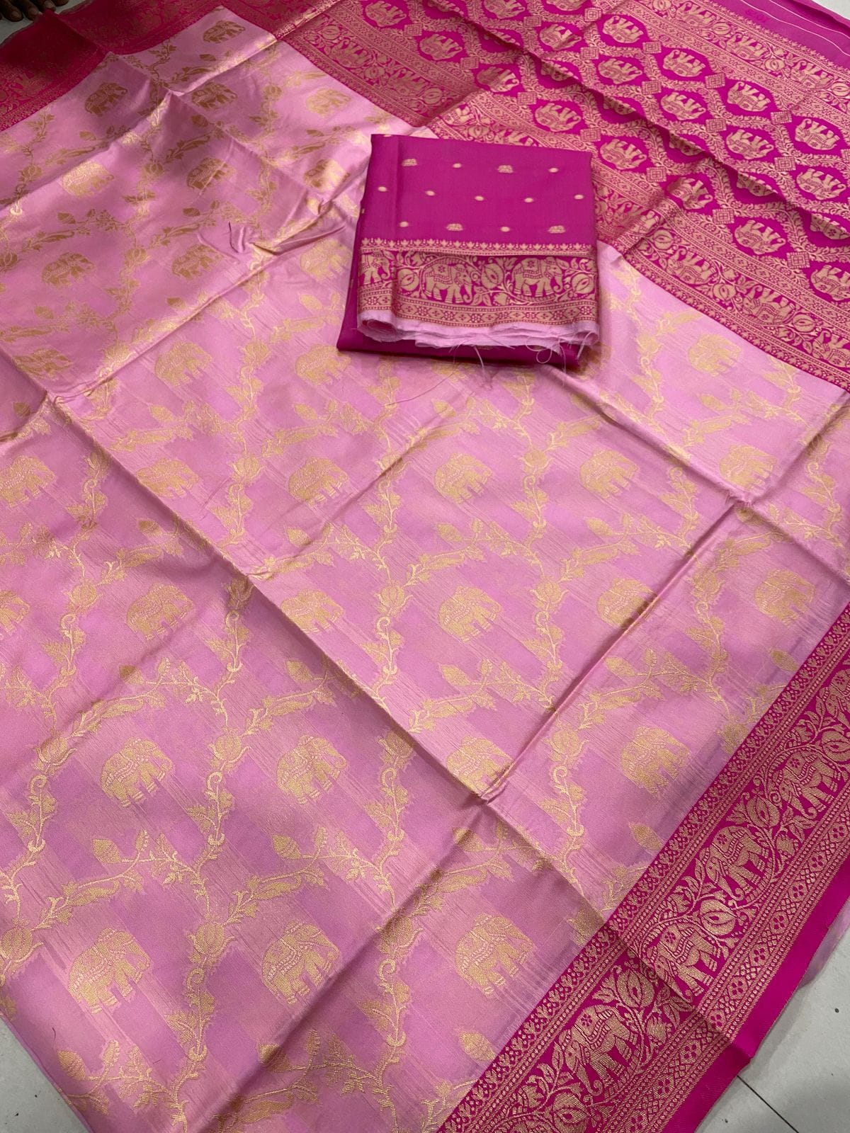 Organic Banarasi Soft Lichi Silk Saree with Rich Jacquard Work & Exclusive Blouse – Regal Comfort for Boutique Displays & Wedding Gifting