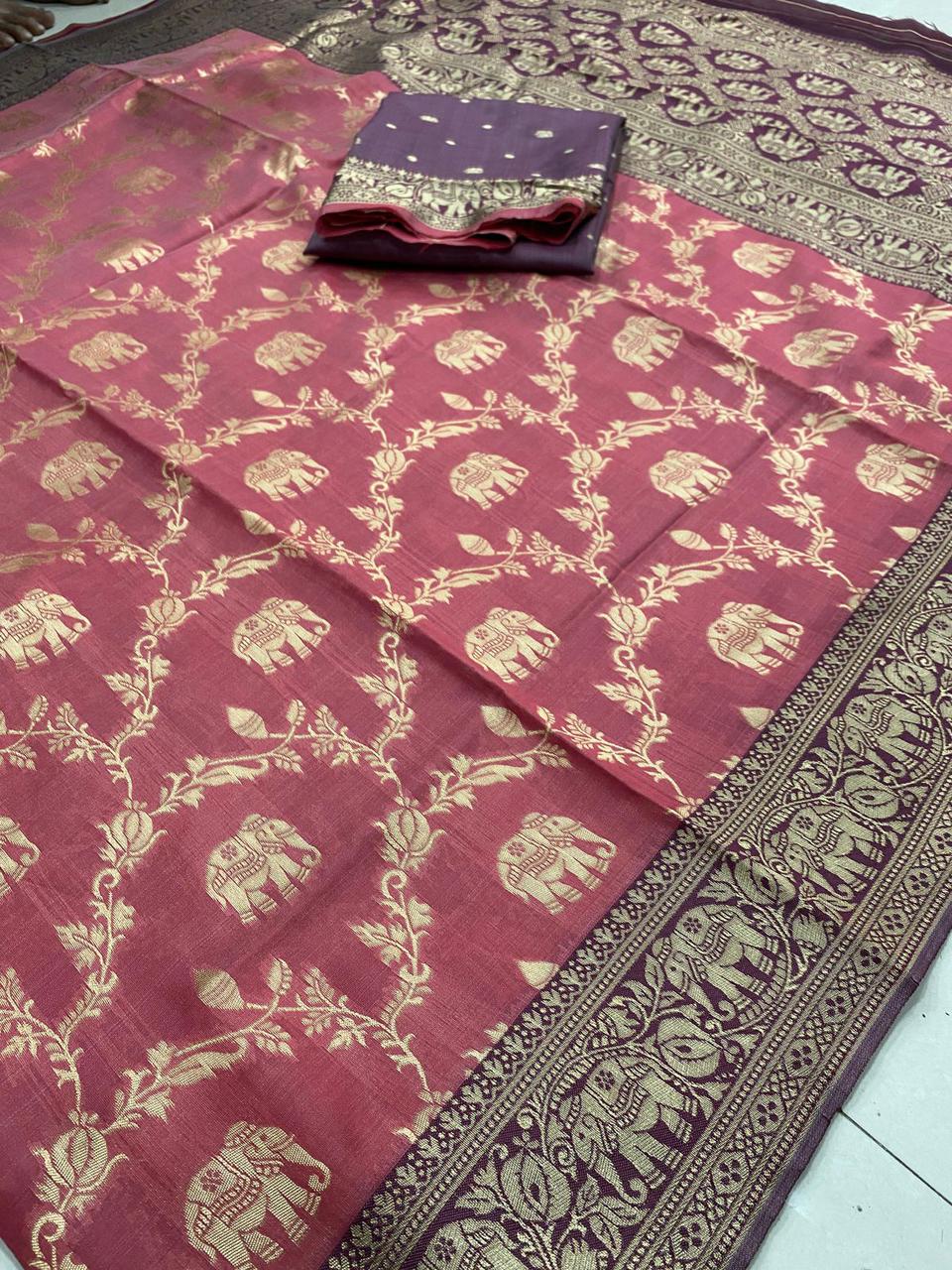 Organic Banarasi Soft Lichi Silk Saree with Rich Jacquard Work & Exclusive Blouse – Regal Comfort for Boutique Displays & Wedding Gifting