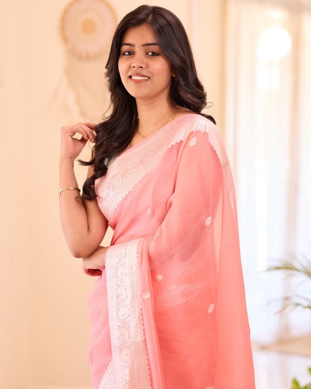 Soft Lilan Slab Saree with Rich Jacquard Weaving & Exclusive Border Blouse – Elegant Comfort for Boutique Displays & Festive Gifting