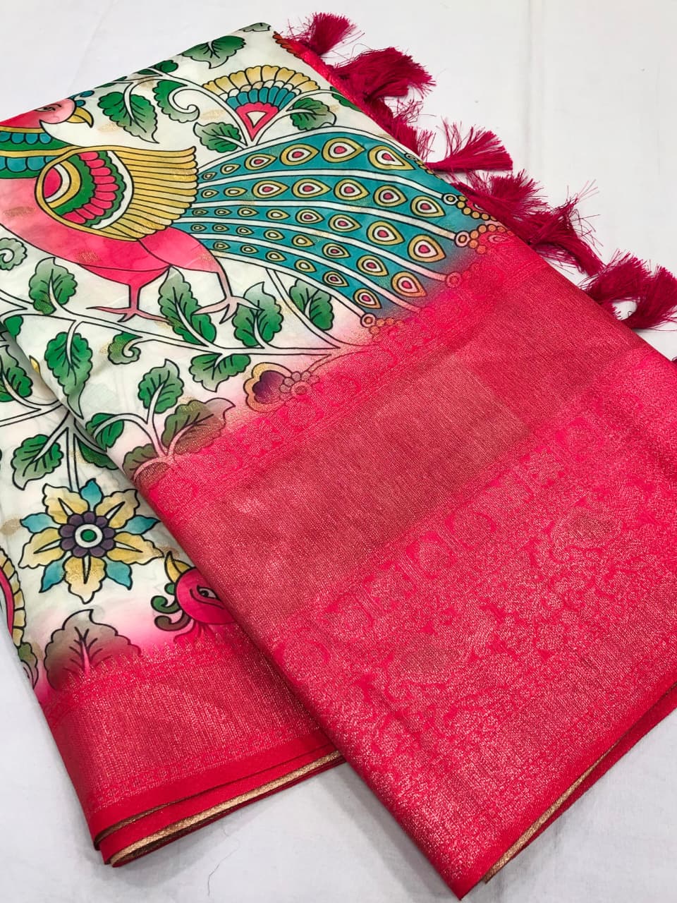 Soft Banarasi Silk Saree with Kalamkari Digital Print & Zari Weaving – Regal Party Wear for Boutique Displays & Festive Gifting