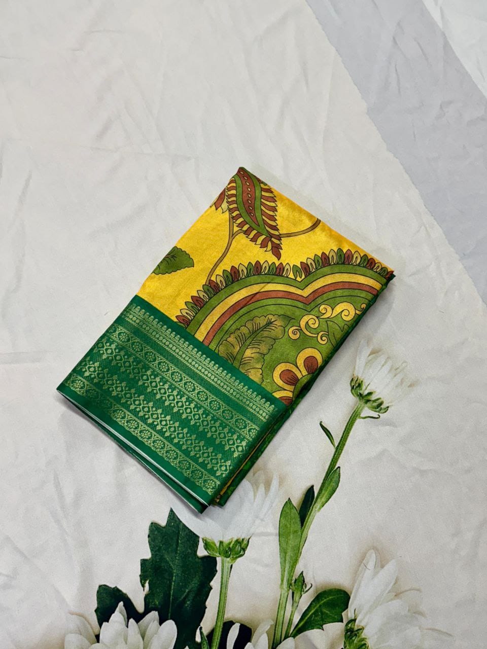 Fashion Fusion Semi-Crepe Saree with Tanjore & Floral Gap Border + Striped Pallu – Artistic Elegance for Boutique Displays & Festive Gifting