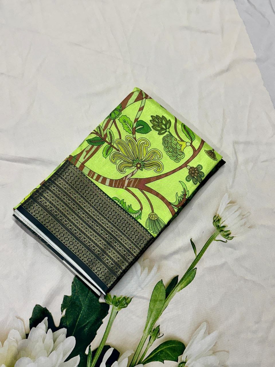 Fashion Fusion Semi-Crepe Saree with Tanjore & Floral Gap Border + Striped Pallu – Artistic Elegance for Boutique Displays & Festive Gifting