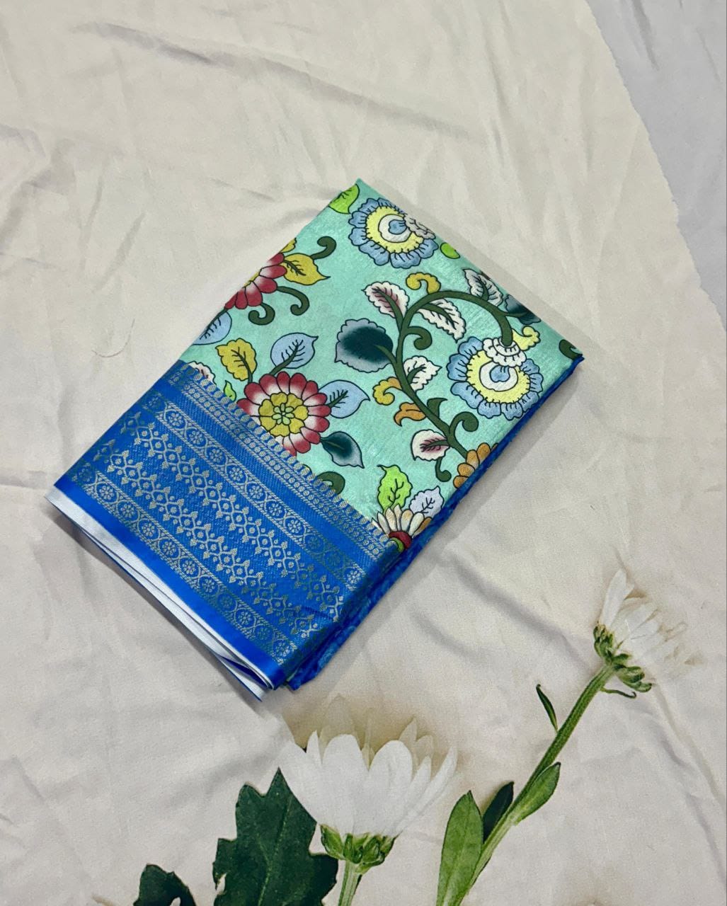 Fashion Fusion Semi-Crepe Saree with Tanjore & Floral Gap Border + Striped Pallu – Artistic Elegance for Boutique Displays & Festive Gifting