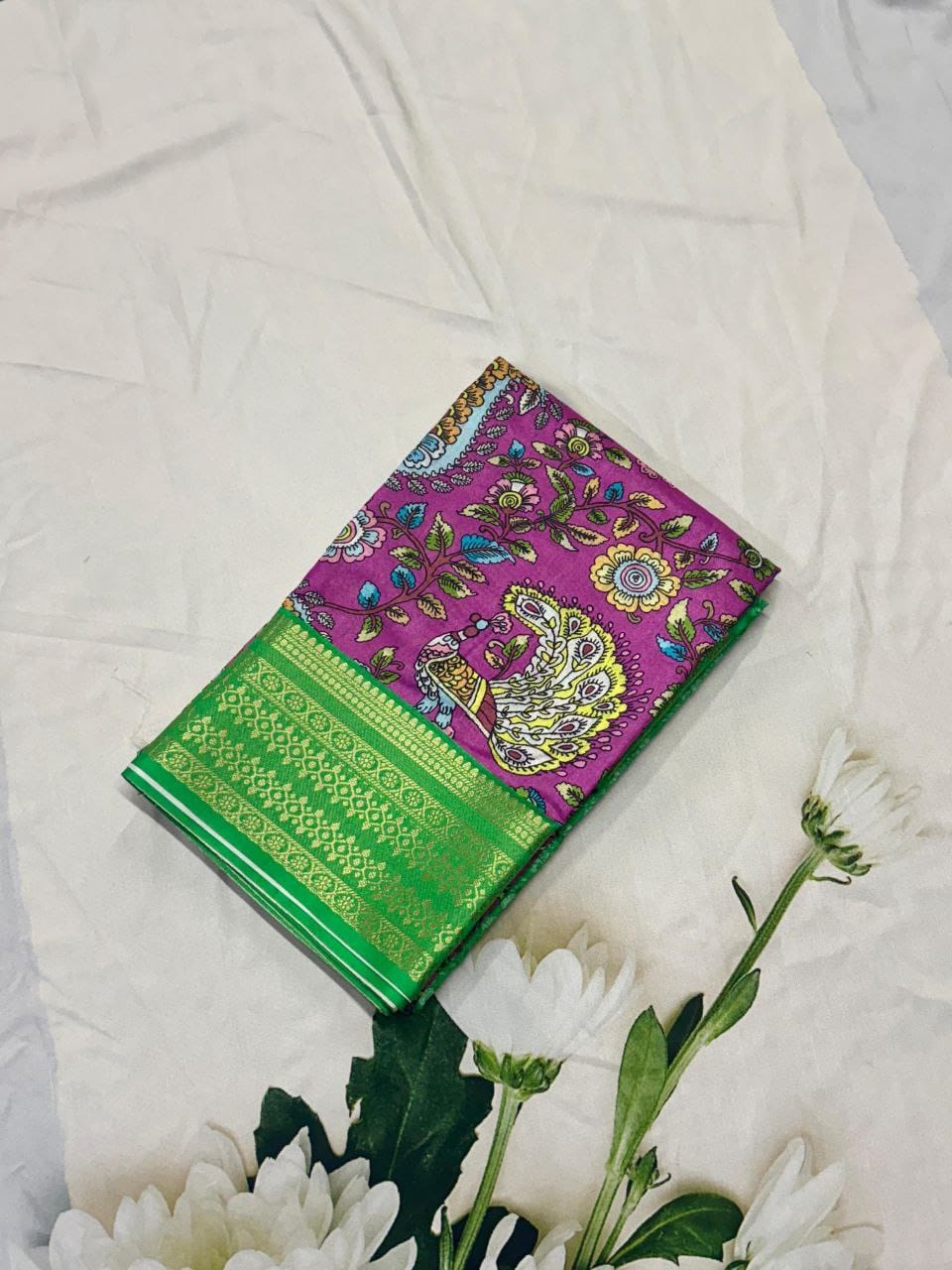 Fashion Fusion Semi-Crepe Saree with Tanjore & Floral Gap Border + Striped Pallu – Artistic Elegance for Boutique Displays & Festive Gifting