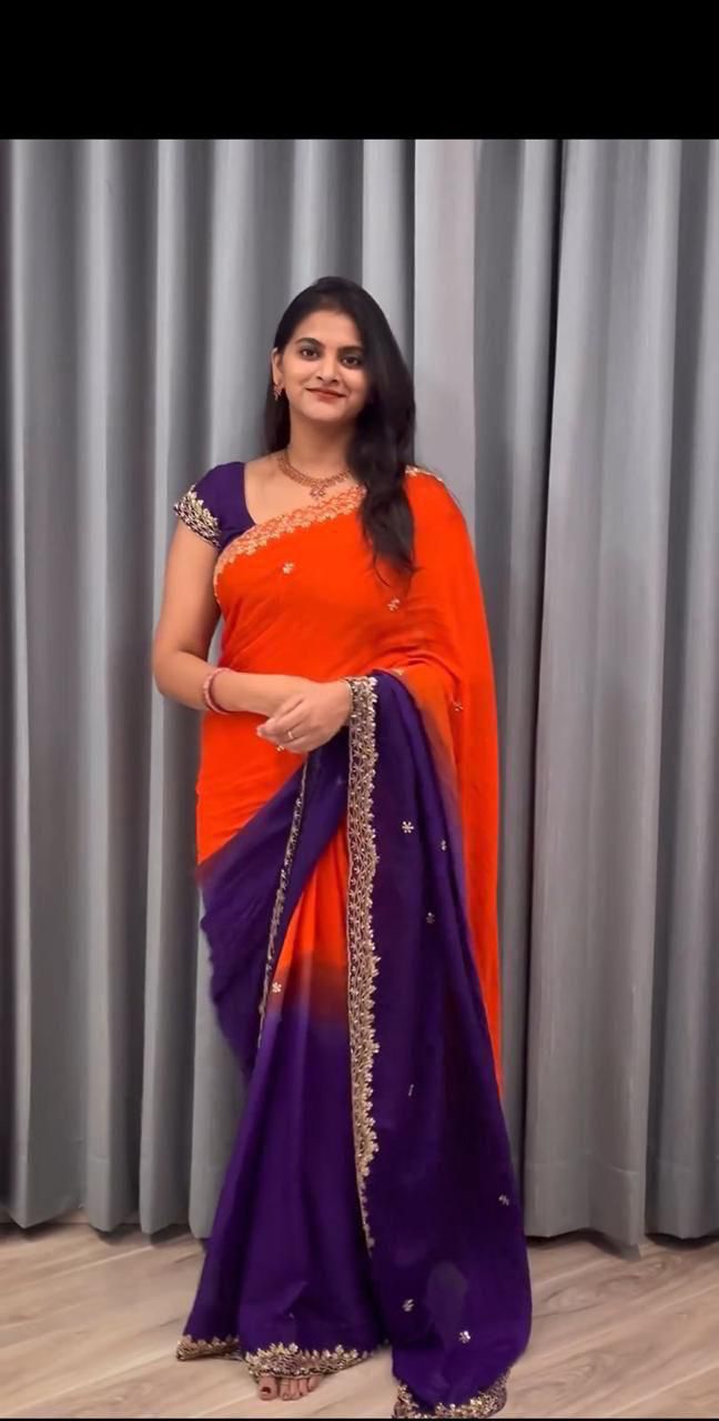 Soft Hand-Dyed Chinnon Fancy Saree with Heavy Sequin & Jari Embroidery – Glamorous Elegance for Boutique Displays & Wedding Gifting