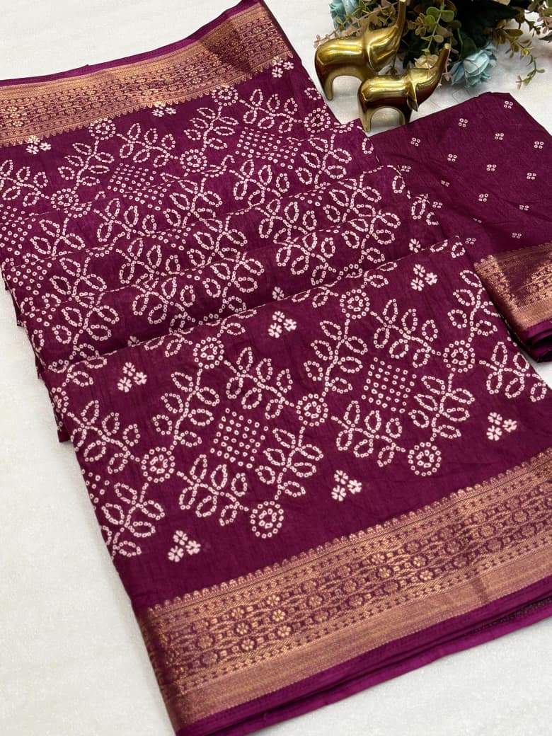 Beautiful Dola silk sarees Bandhani print along with zari border