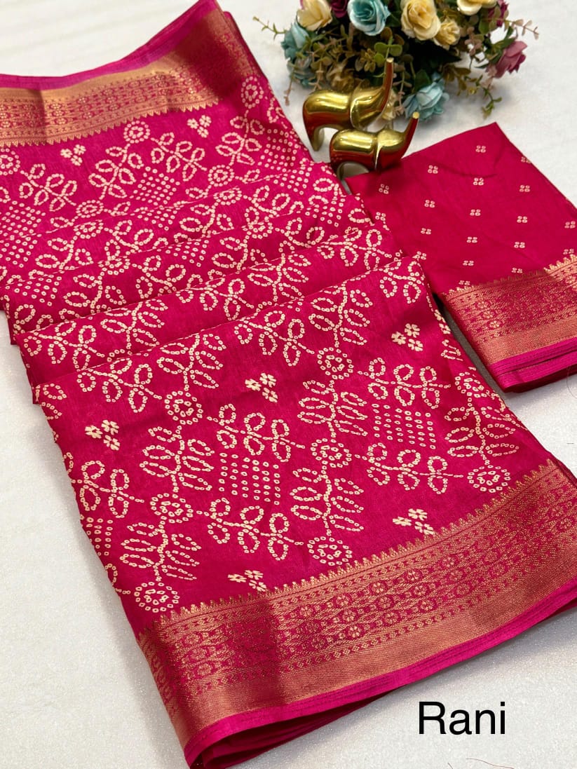 Beautiful Dola silk sarees Bandhani print along with zari border