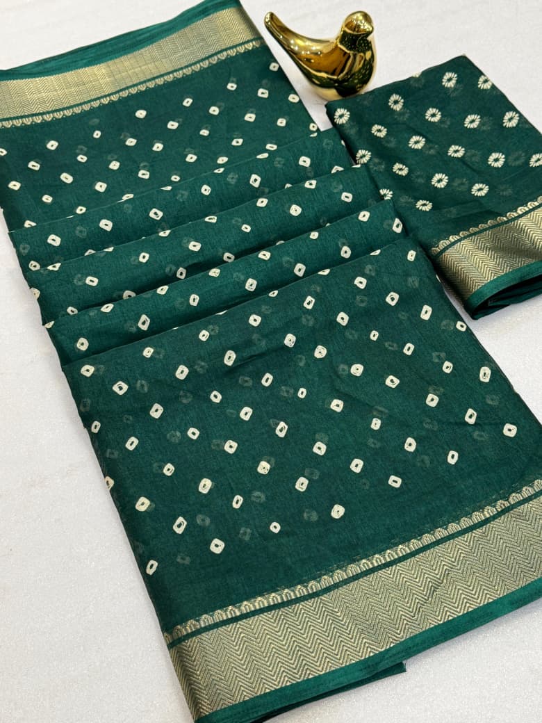 Dola Silk Saree with Bandhani Print & Zari Border – Festive Radiance for Boutique Displays