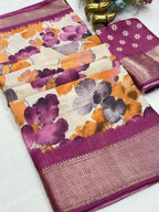 Dola Silk Saree with Floral Print & Zari Border – Graceful Bloom for Boutique Displays & Festive Bulk Orders