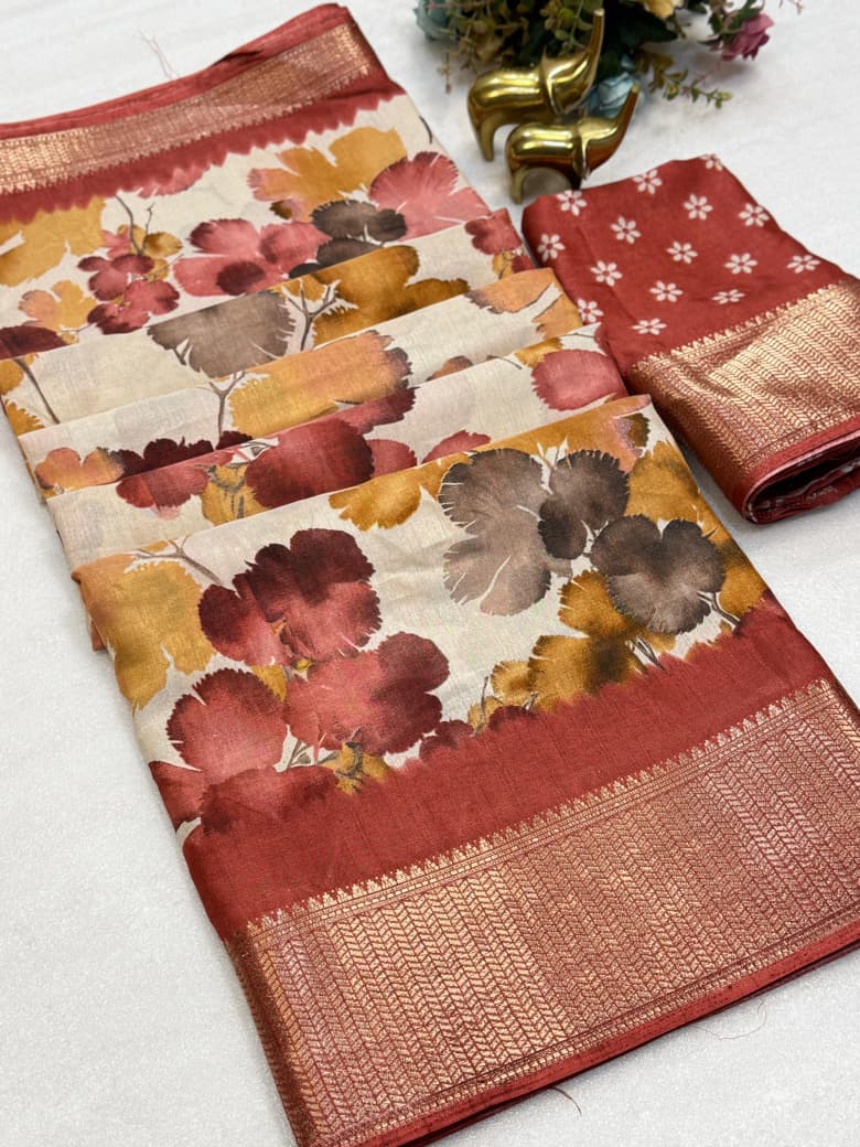 Dola Silk Saree with Floral Print & Zari Border – Graceful Bloom for Boutique Displays & Festive Bulk Orders