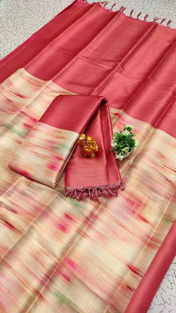 Fabulous Softy Silk Saree with Gold Jari, Contrast Border & Grand Pallu – Trending Elegance for Boutique Displays