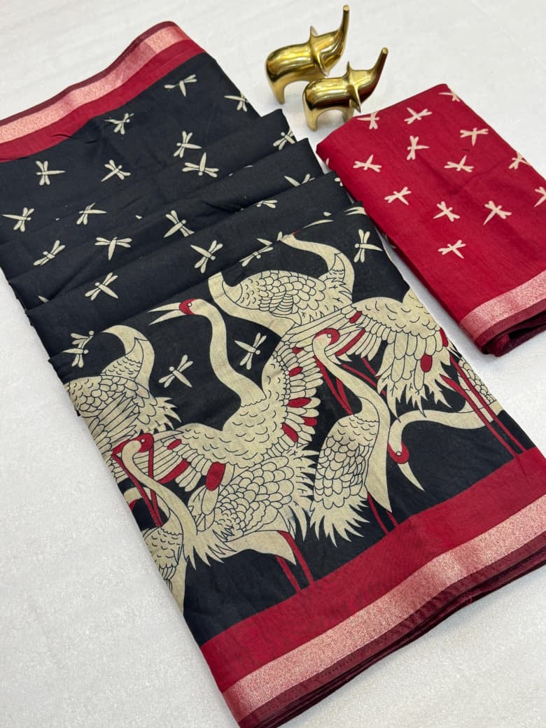 Mangalagiri Silk Saree with All-Over Floral Design, Contrast KVC Border, Pallu & Blouse – Boutique-Perfect Ethnic Elegance