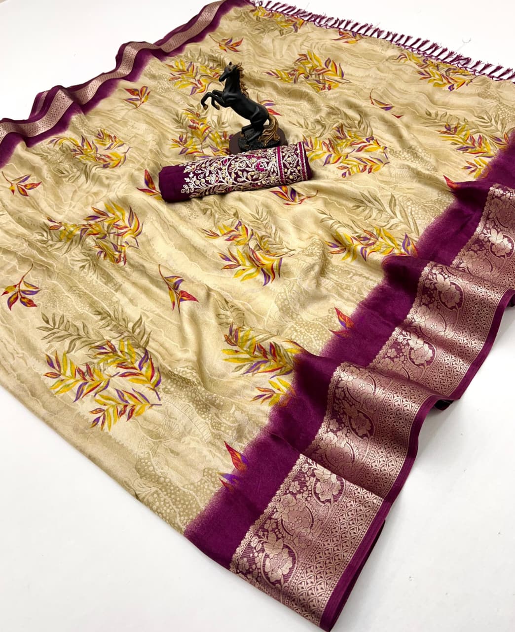 Soft Golden Base with Rich Woven Border & Heavy Embroidered Blouse