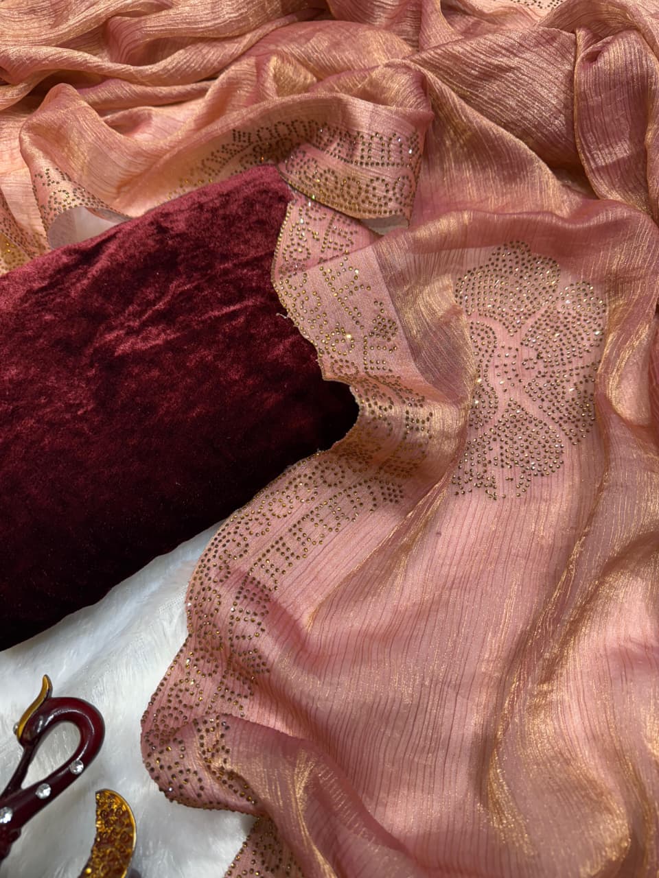 Designer Space Silk Saree with Original Jarkhan Diamond Work – Glamour & Grace for Sangeet & Cocktail Nights ✨