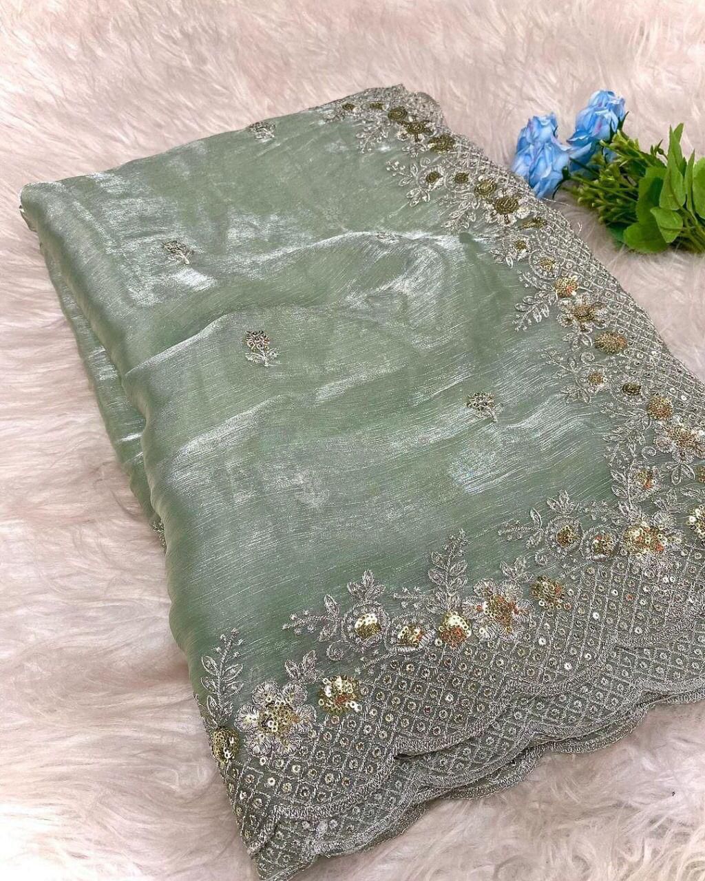 Pure Soft Zimmy Choo Silk Saree with C-Pallu Embroidery & Heavy Mono Banglory Blouse