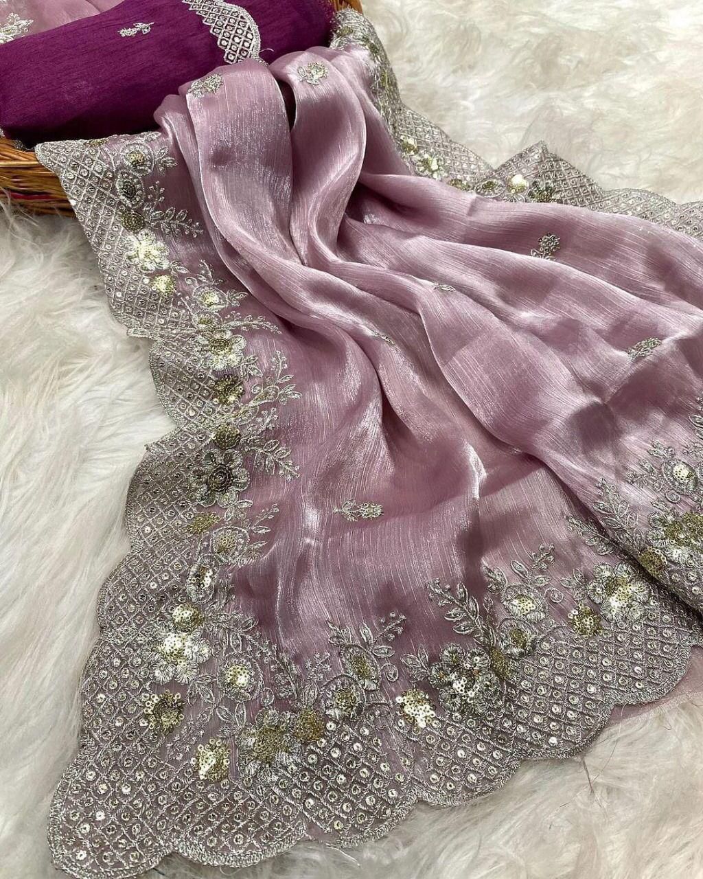 Pure Soft Zimmy Choo Silk Saree with C-Pallu Embroidery & Heavy Mono Banglory Blouse