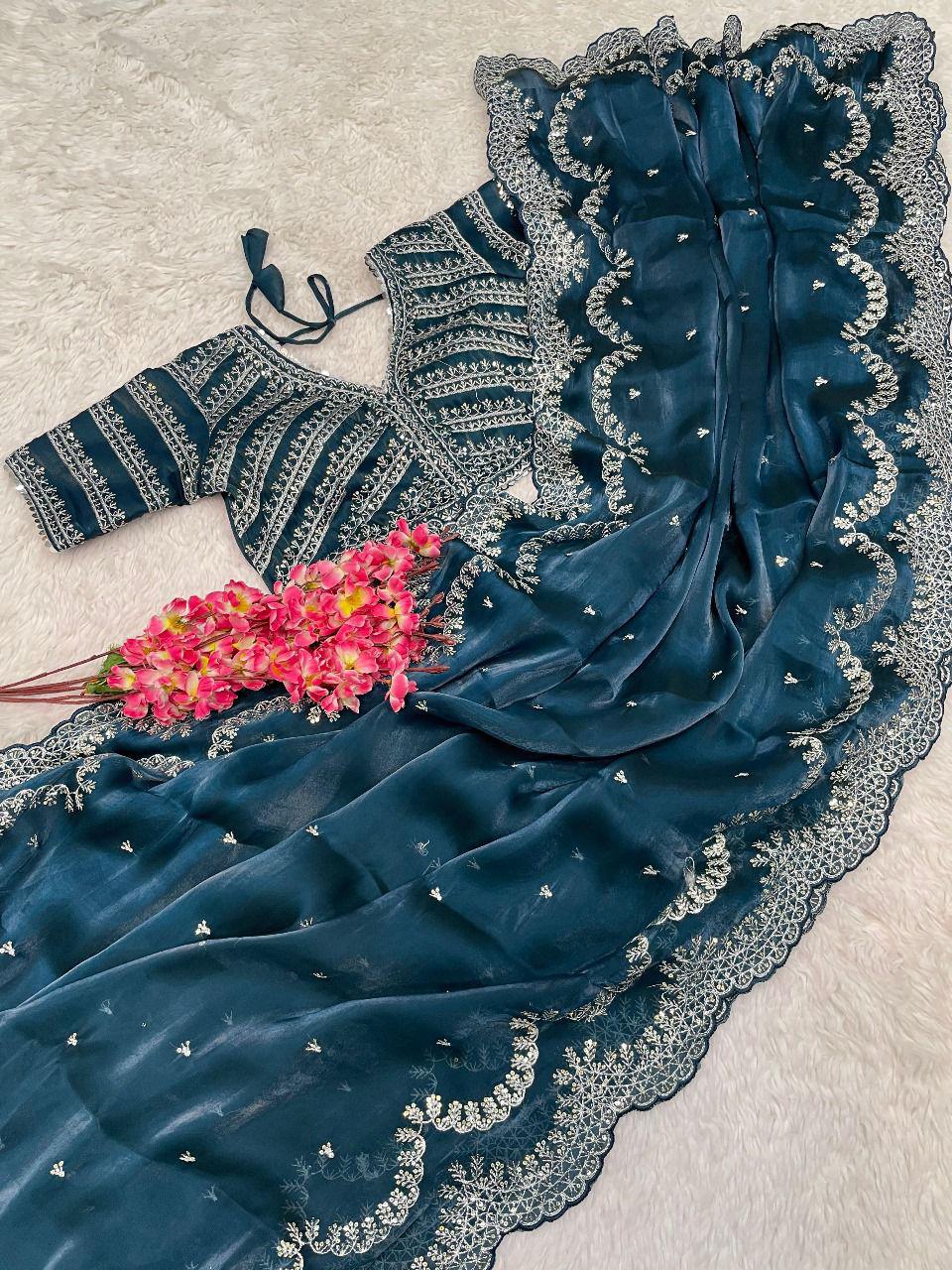 Pure Soft Zimmy Choo Silk Saree with C-Pallu Embroidery, Zari Work & Cutwork Border