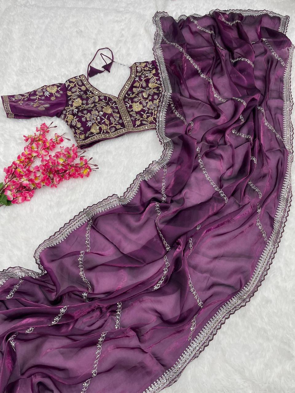 Pure Soft Zimmy Choo Silk Saree with C-Pallu Embroidery, Zari Work & Cutwork Border