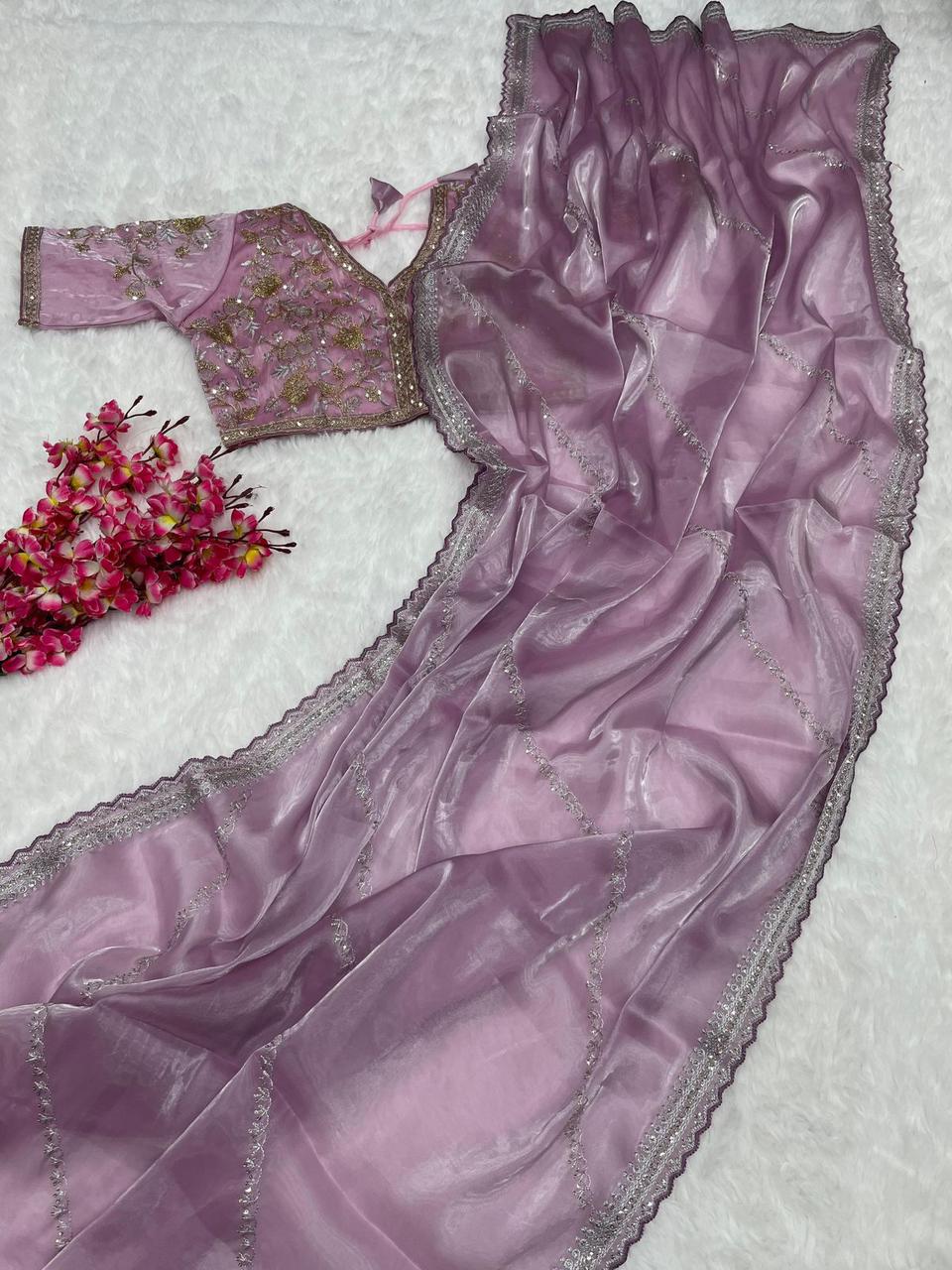 Pure Soft Zimmy Choo Silk Saree with C-Pallu Embroidery, Zari Work & Cutwork Border