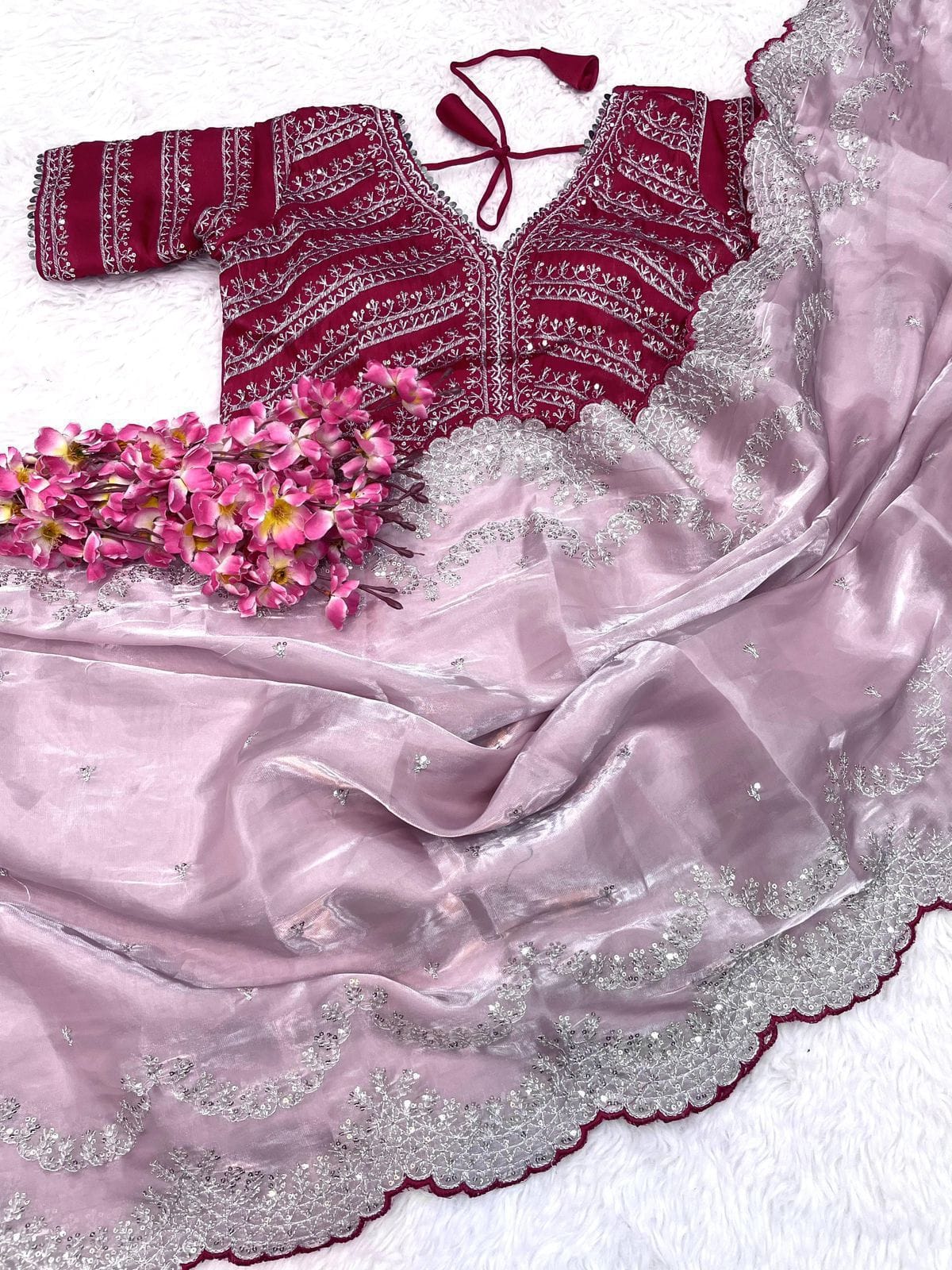 Pure Soft Zimmy Choo Silk Saree with C-Pallu Embroidery, Zari Work & Cutwork Border