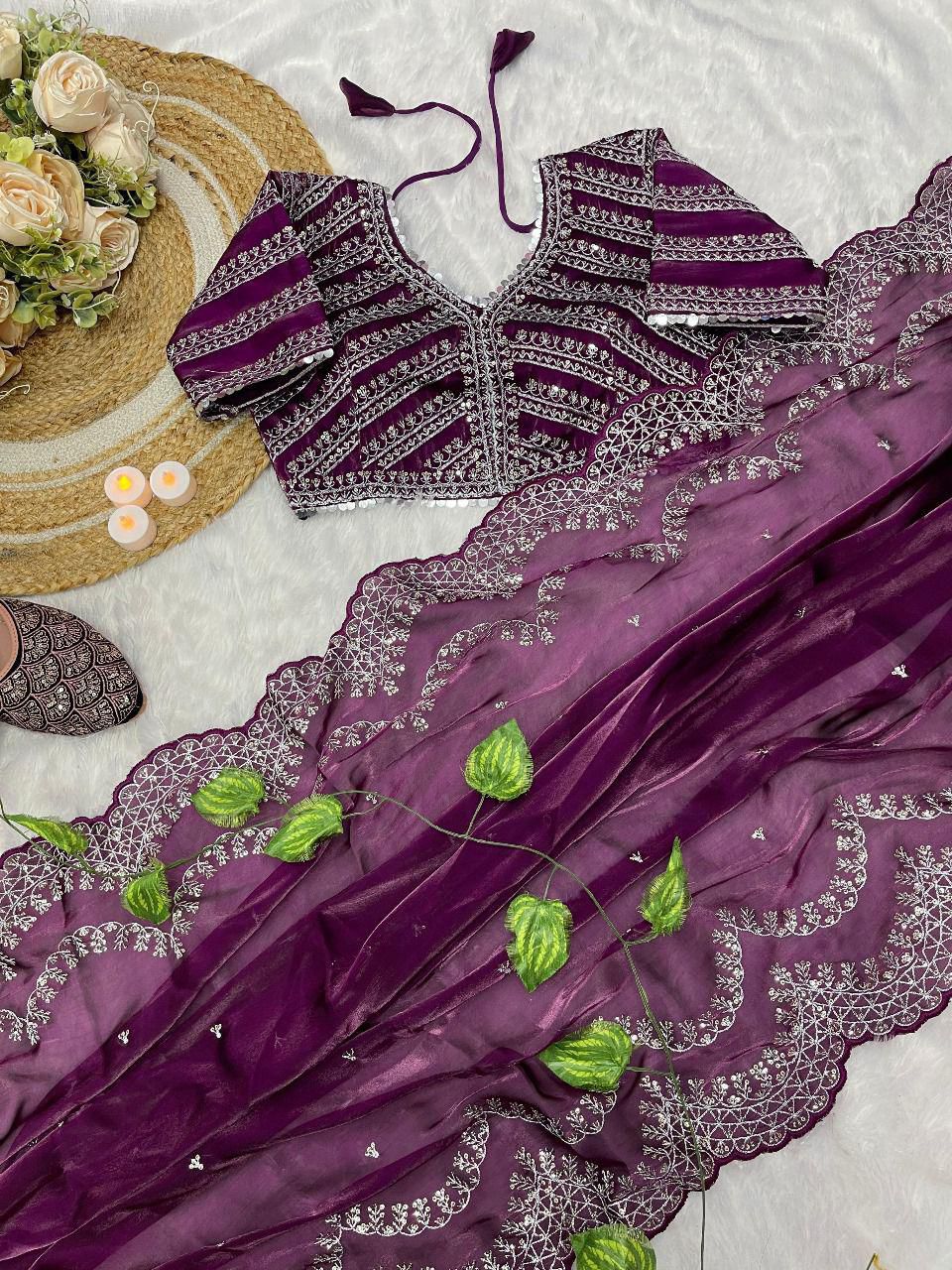 Pure Soft Zimmy Choo Silk Saree with C-Pallu Embroidery, Zari Work & Cutwork Border