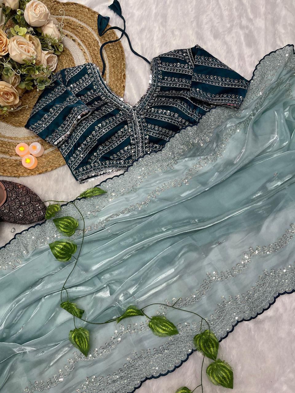 Pure Soft Zimmy Choo Silk Saree with C-Pallu Embroidery, Zari Work & Cutwork Border