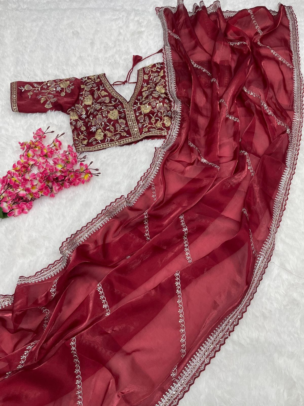 Pure Soft Zimmy Choo Silk Saree with C-Pallu Embroidery, Zari Work & Cutwork Border