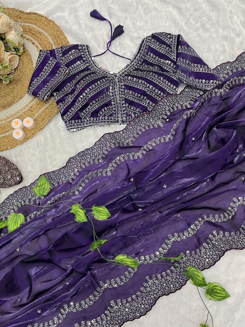 Pure Soft Zimmy Choo Silk Saree with C-Pallu Embroidery, Zari Work & Cutwork Border