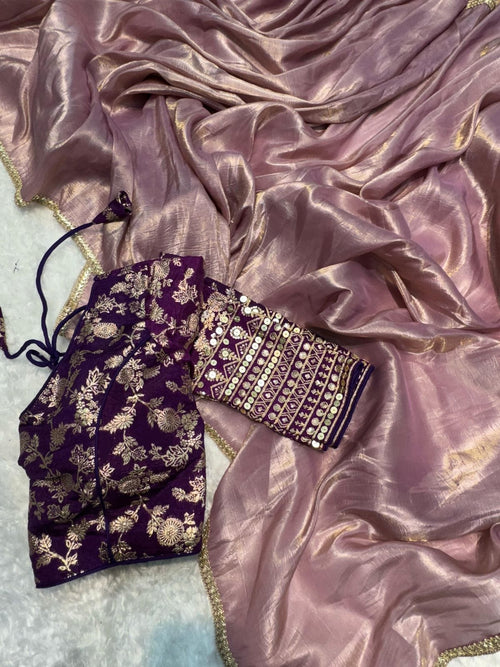 Colourful Designer Saree – Heavy Crush Tissue Silk with Fancy Lace & Banarasi Zari Blouse