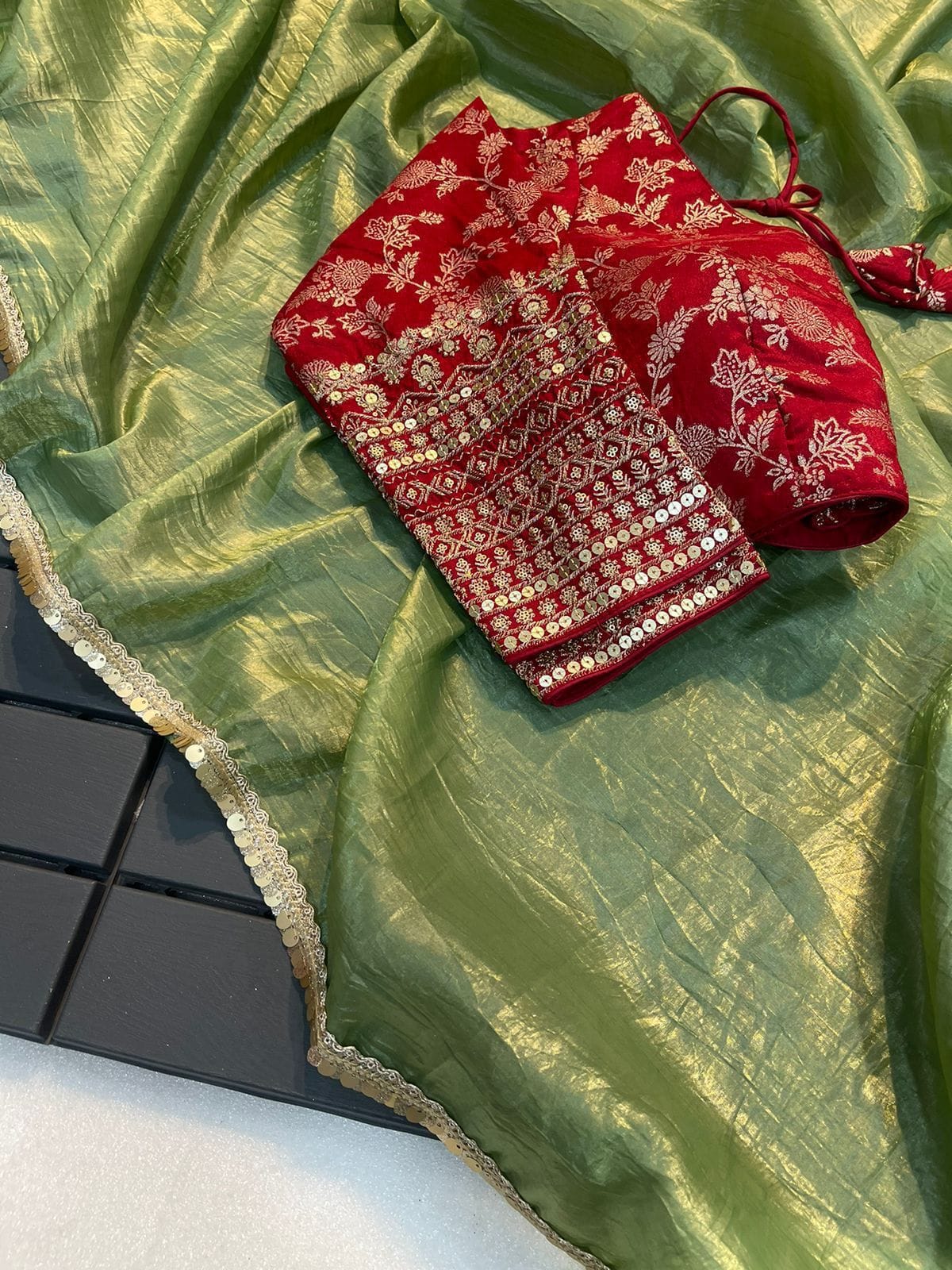 Colourful Designer Saree – Heavy Crush Tissue Silk with Fancy Lace & Banarasi Zari Blouse