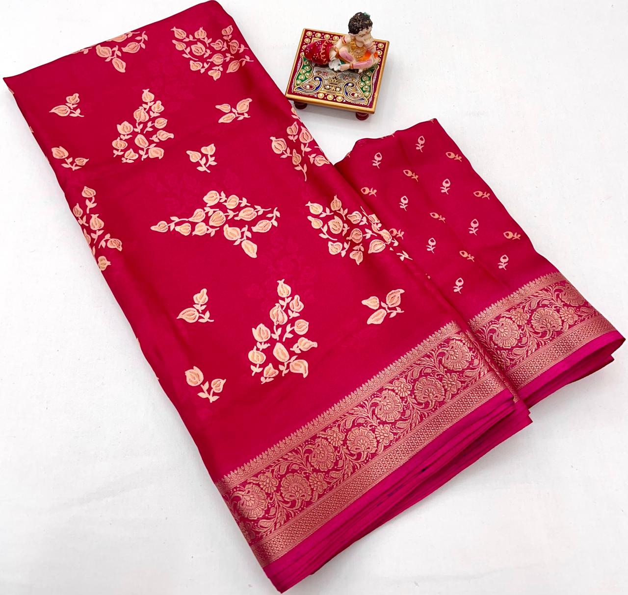 Pure Calcutta Moss Mellow Georgette Sarees with Exclusive Prints & Zari Woven Border
