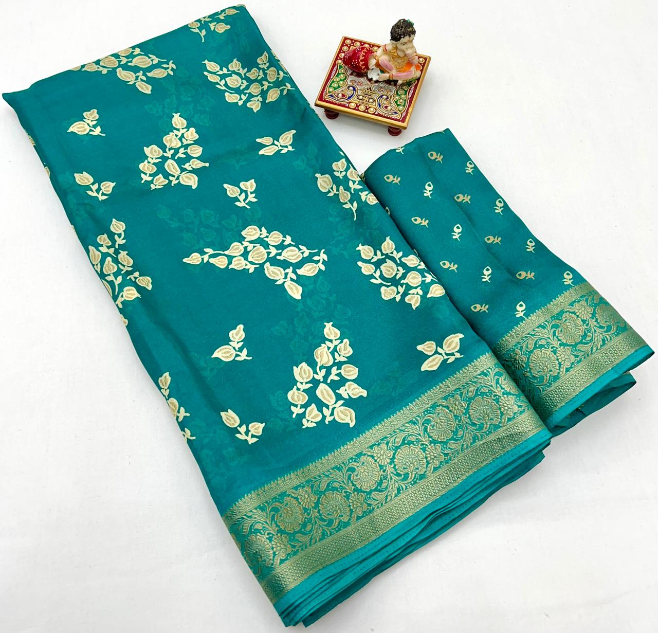 Pure Calcutta Moss Mellow Georgette Sarees with Exclusive Prints & Zari Woven Border