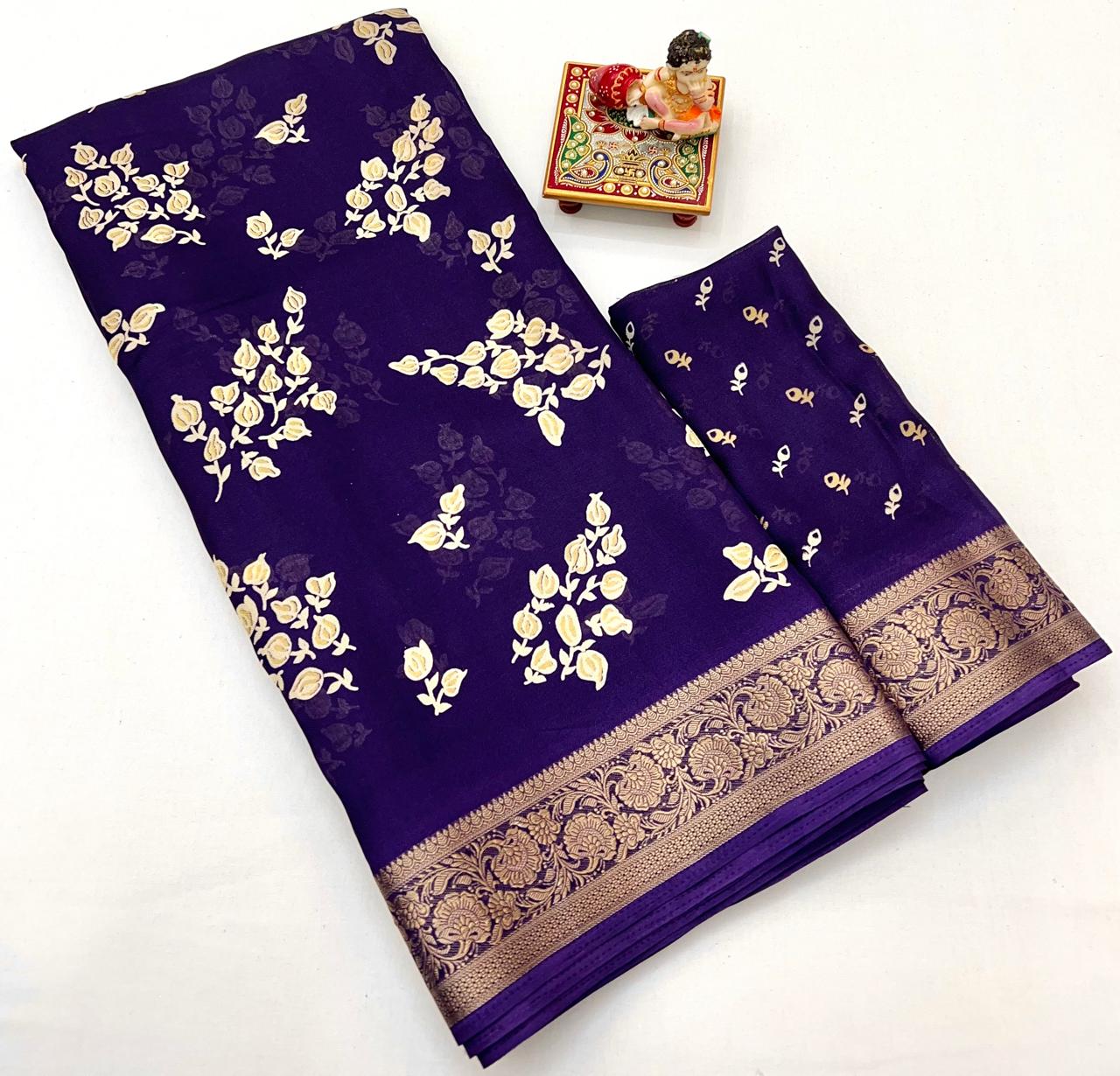 Pure Calcutta Moss Mellow Georgette Sarees with Exclusive Prints & Zari Woven Border