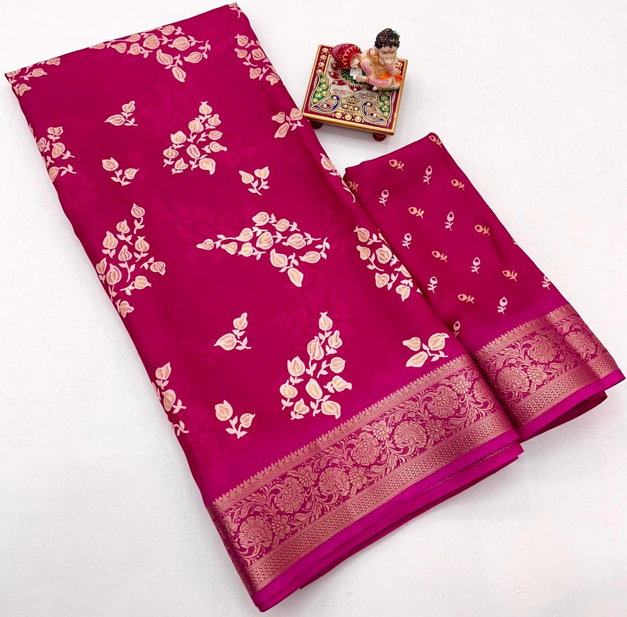Pure Calcutta Moss Mellow Georgette Sarees with Exclusive Prints & Zari Woven Border