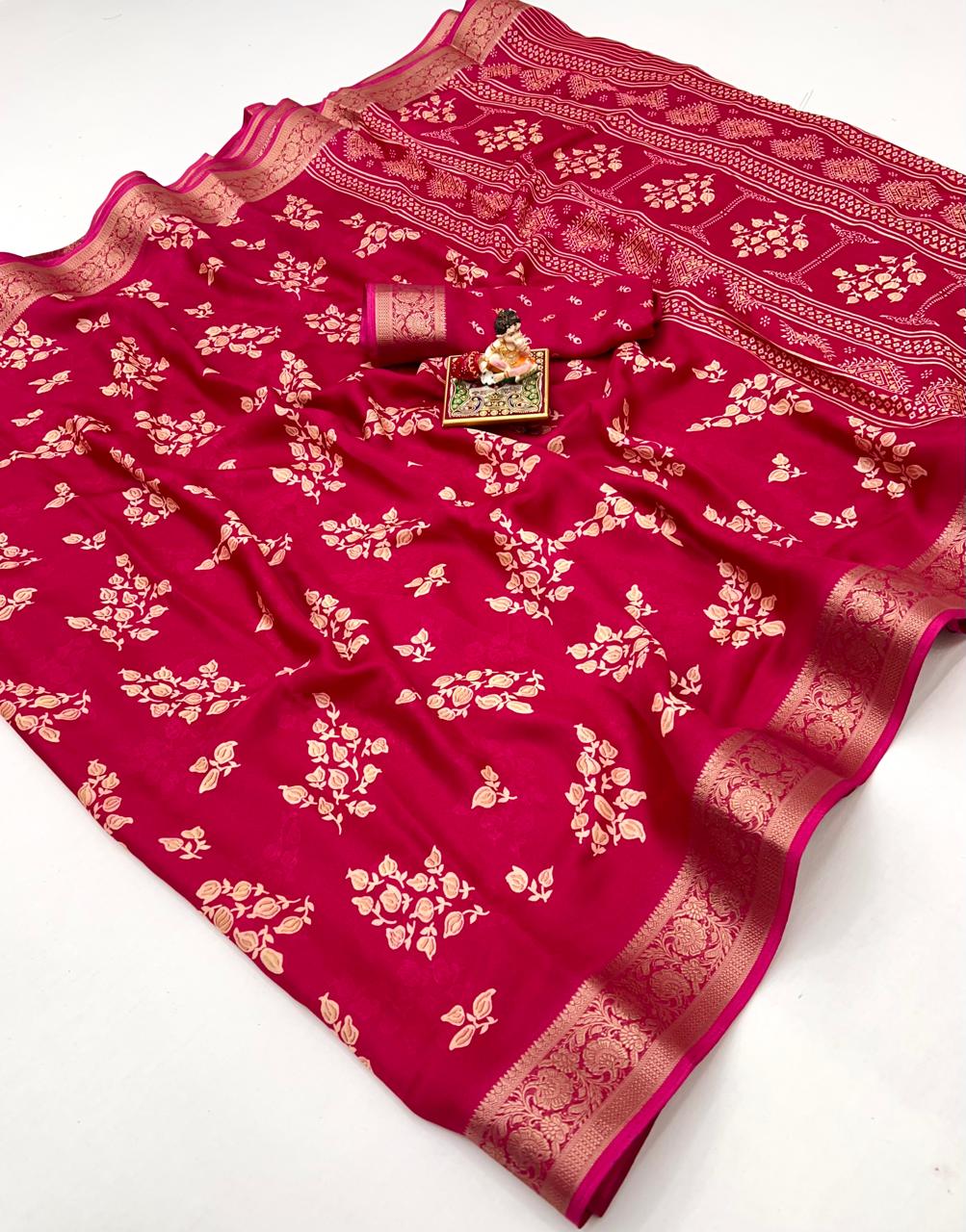 Pure Calcutta Moss Mellow Georgette Sarees with Exclusive Prints & Zari Woven Border