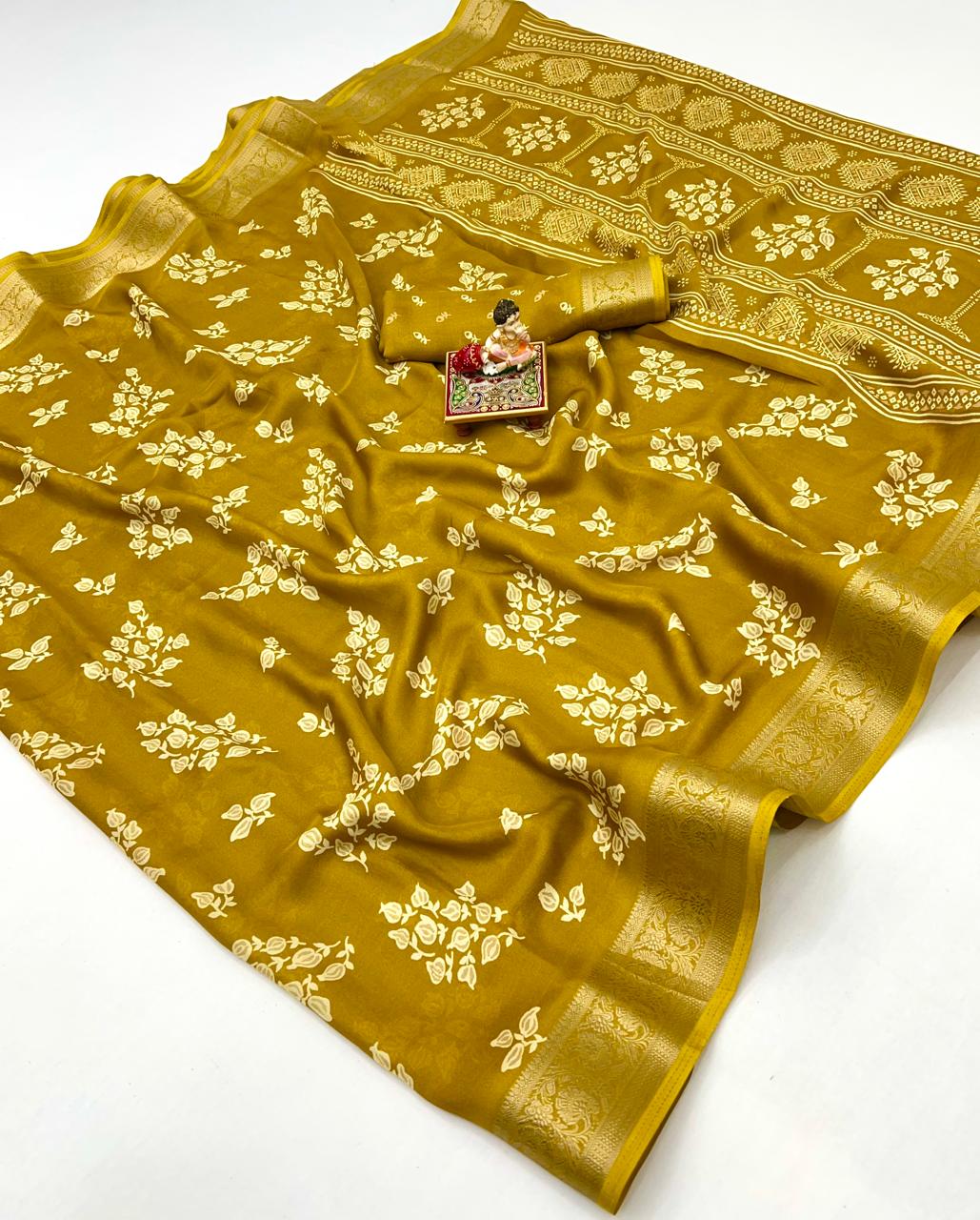 Pure Calcutta Moss Mellow Georgette Sarees with Exclusive Prints & Zari Woven Border